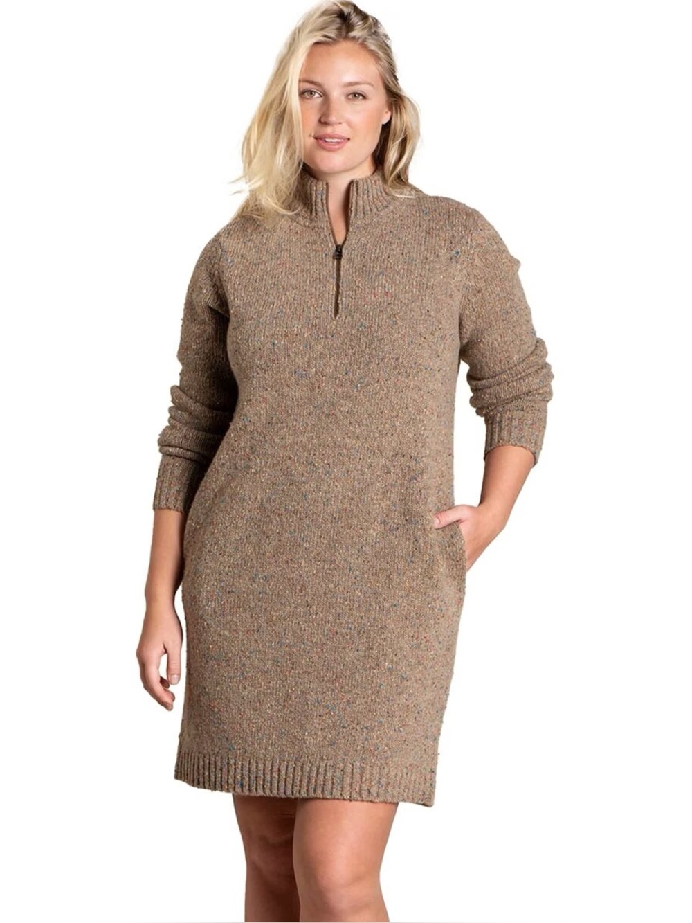 Toad&Co lambswool Speckled Taupe Half-Zip Cowl Sweater Dress medium